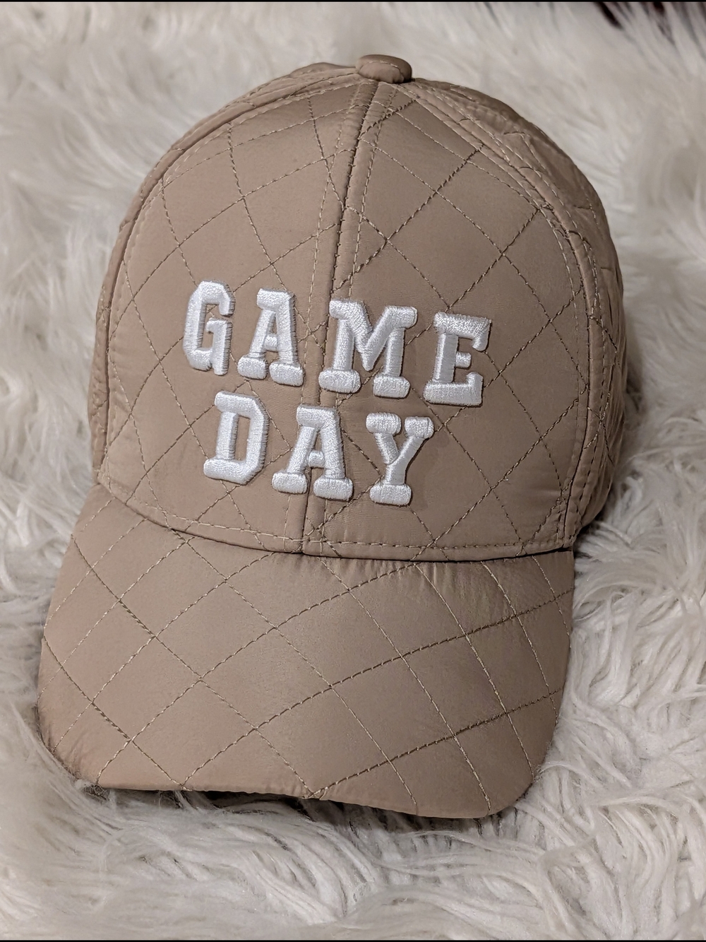 GAME DAY Quilted Baseball Cap in Tan with White Embroidery